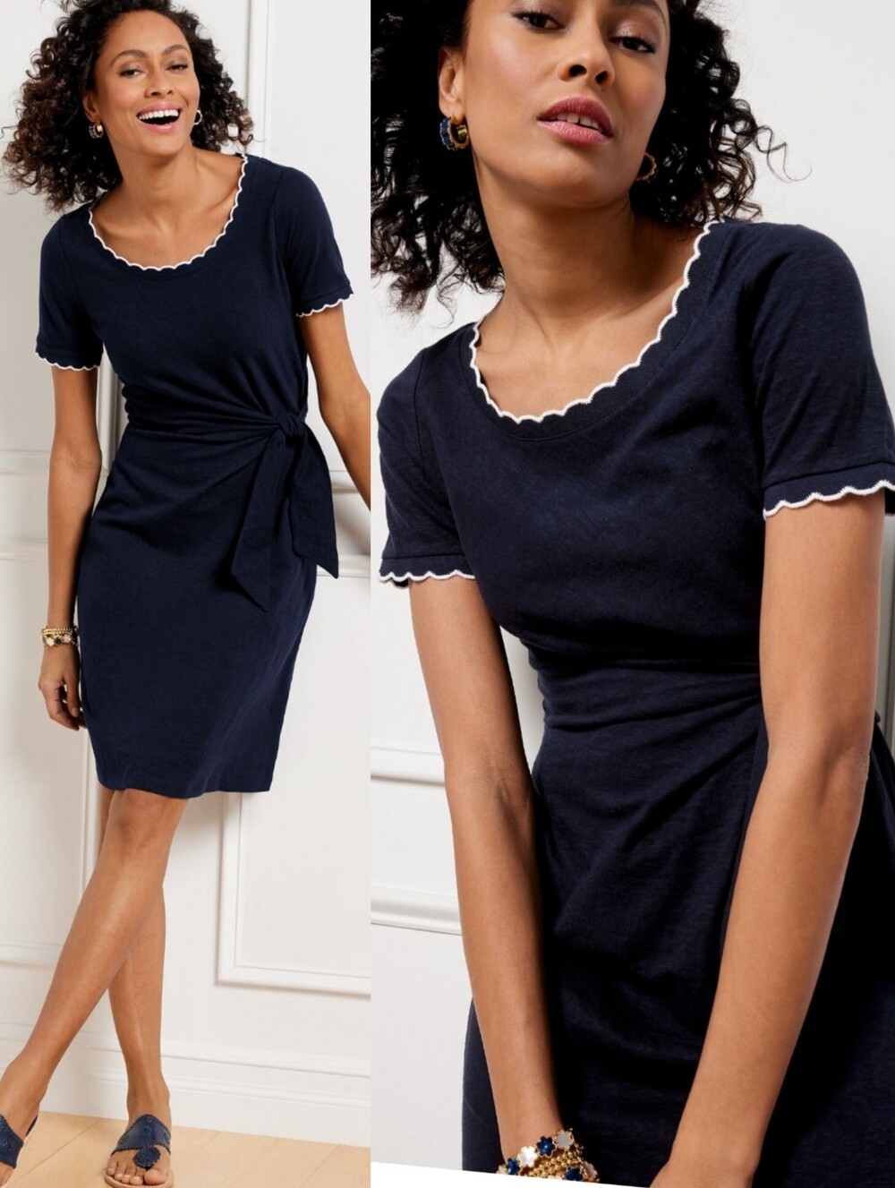Talbots Nantucket Slub Side Tie Dress Navy Blue Medium